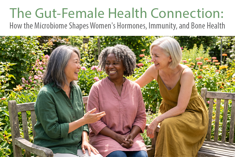Three diverse women in their 50s and 60s laughing together in a summer garden, representing the connection between community, wellness, and women's health across every life stage