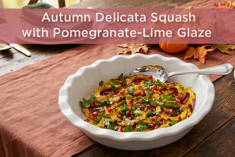 Roasted delicata squash rounds topped with pomegranate arils and fresh parsley in a serving bowl on an autumn table