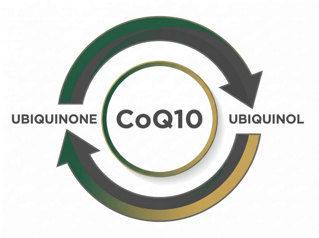 Diagram showing CoQ10 cycling between its two forms, ubiquinone and ubiquinol, with arrows forming a continuous clockwise loop.