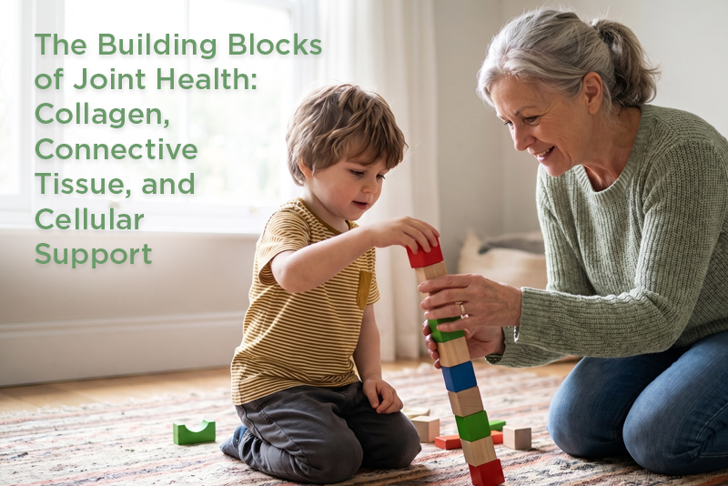 Grandmother and grandson kneeling together on a rug, stacking a colorful wooden block tower in a bright living room