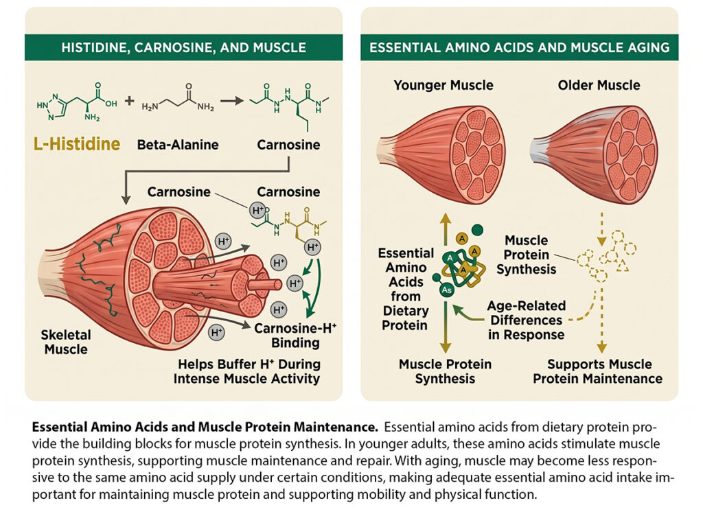 L-histidine infographic: histidine and beta-alanine form carnosine, which helps buffer hydrogen ions in skeletal muscle, and essential amino acids support muscle protein synthesis in younger and older muscle
