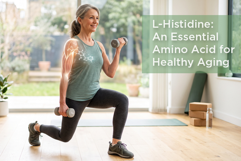 L-histidine for healthy aging: older woman doing lunges with dumbbells at home