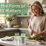 A woman with silver hair smiles as she chops fresh greens in a bright kitchen, with a bottle of PERQUE Mito Guard 100 Plus on the counter beside a glass of lime water.