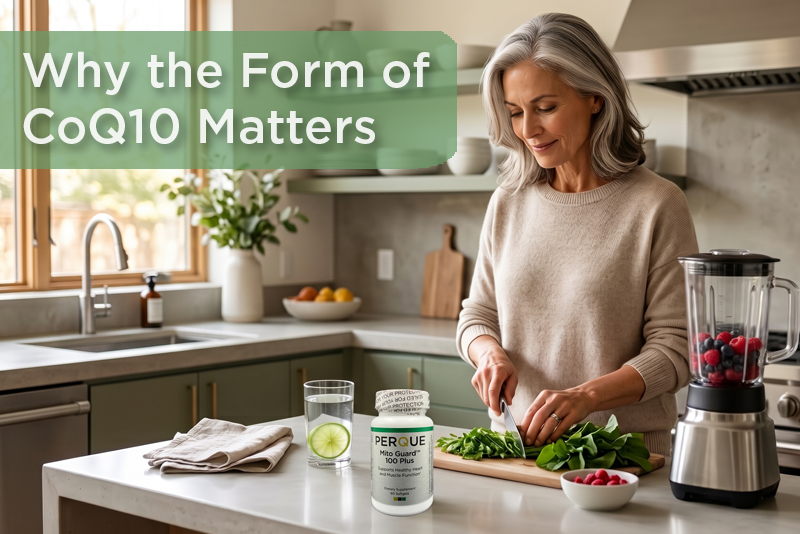 A woman with silver hair smiles as she chops fresh greens in a bright kitchen, with a bottle of PERQUE Mito Guard 100 Plus on the counter beside a glass of lime water.