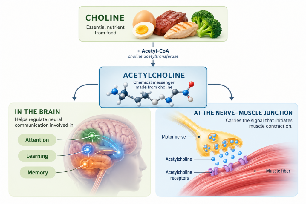 Diagram showing how choline combines with acetyl-CoA to form acetylcholine, which supports brain signaling and communication between nerves and muscles.