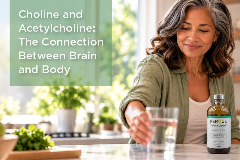 Woman reaching for a glass of water beside a bottle of PERQUE Choline Citrate™, with the title Choline and Acetylcholine: The Connection Between Brain and Body.