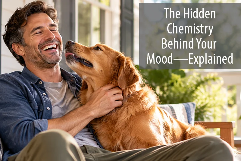 Man laughing as his golden retriever affectionately nuzzles him on a sunlit porch.
