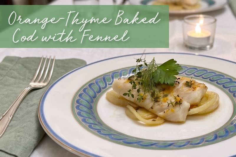 Orange thyme baked cod served over sliced fennel on a decorative blue and green plate, with fresh herb garnish and the recipe title in a green banner.