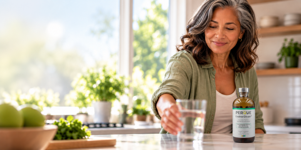 Woman reaching for a glass of water beside a bottle of PERQUE Choline Citrate™.